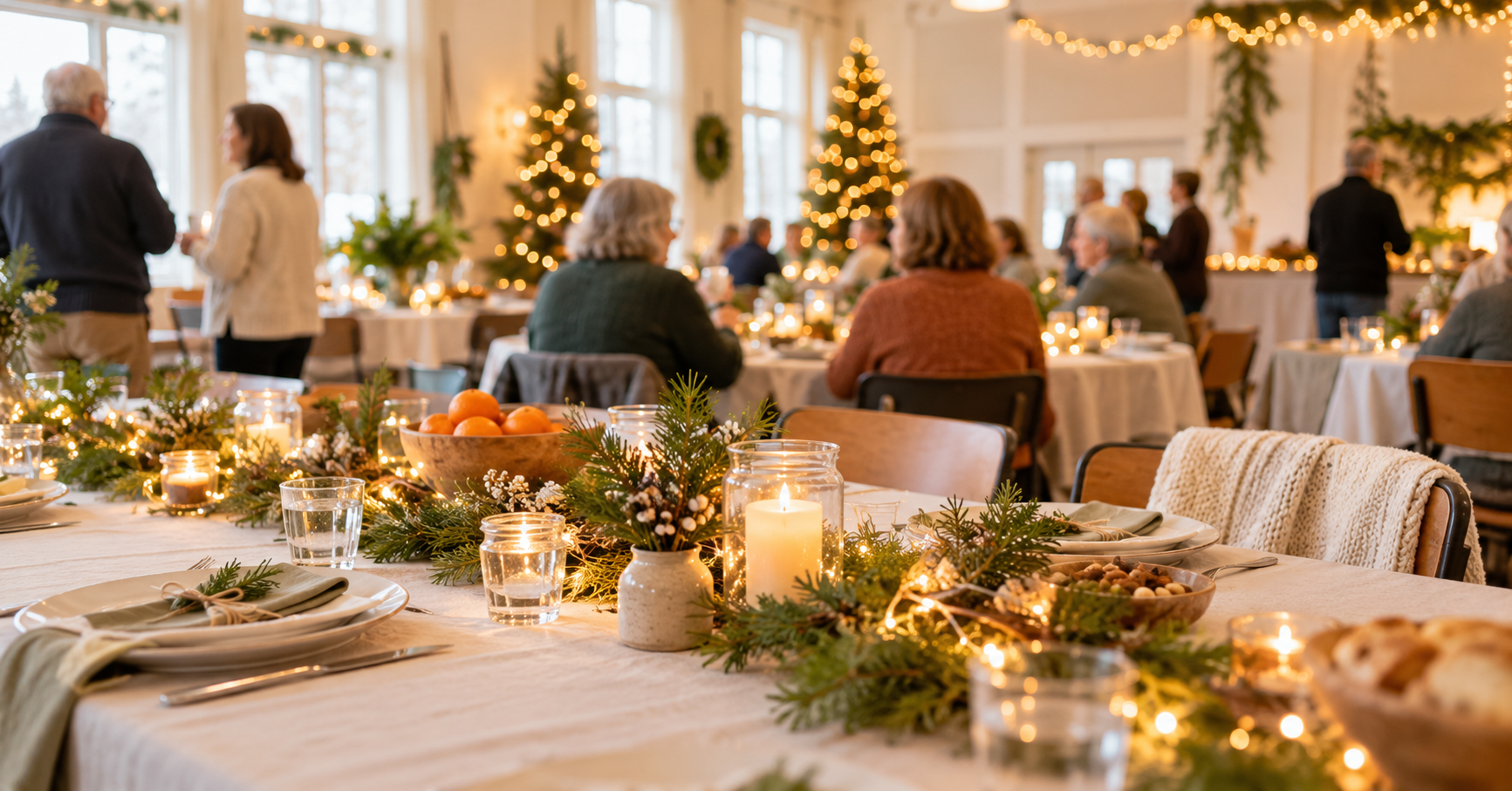 Salle communautaire décorée pour les Fêtes avec tables dressées et lumières scintillantes