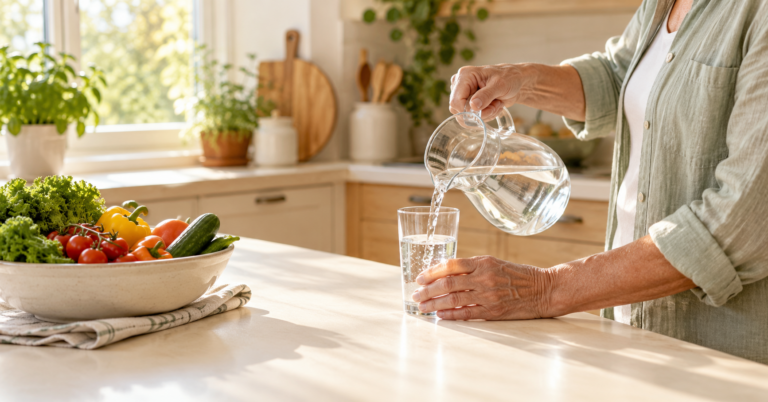 Personne versant de l'eau dans un verre dans une cuisine lumineuse, avec un bol de légumes frais sur le comptoir