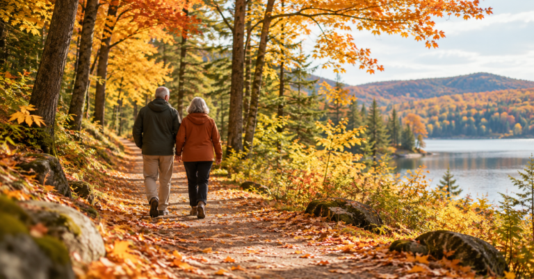 Deux aînés marchant côte à côte sur un sentier forestier d'automne aux feuilles orangées