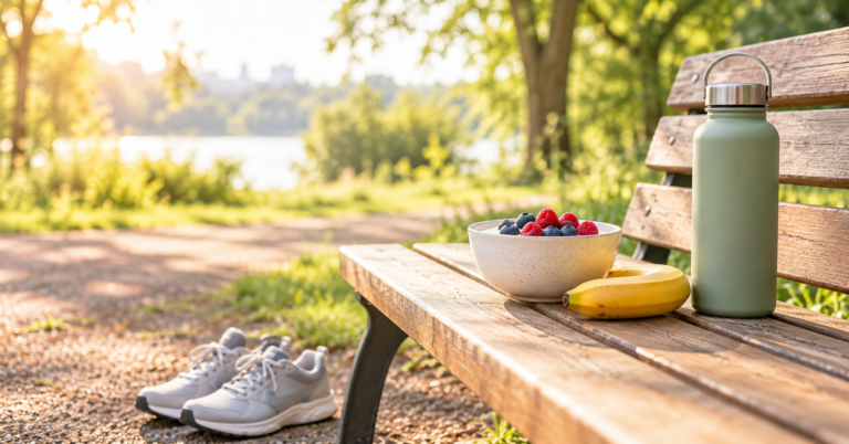 Banane, yogourt aux petits fruits et bouteille d'eau sur un banc de parc, avec des espadrilles à côté
