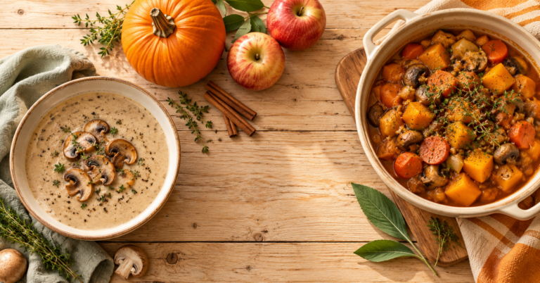 Table rustique avec potage aux champignons, citrouille, pommes, bâtons de cannelle et ragoût de légumes vus du dessus