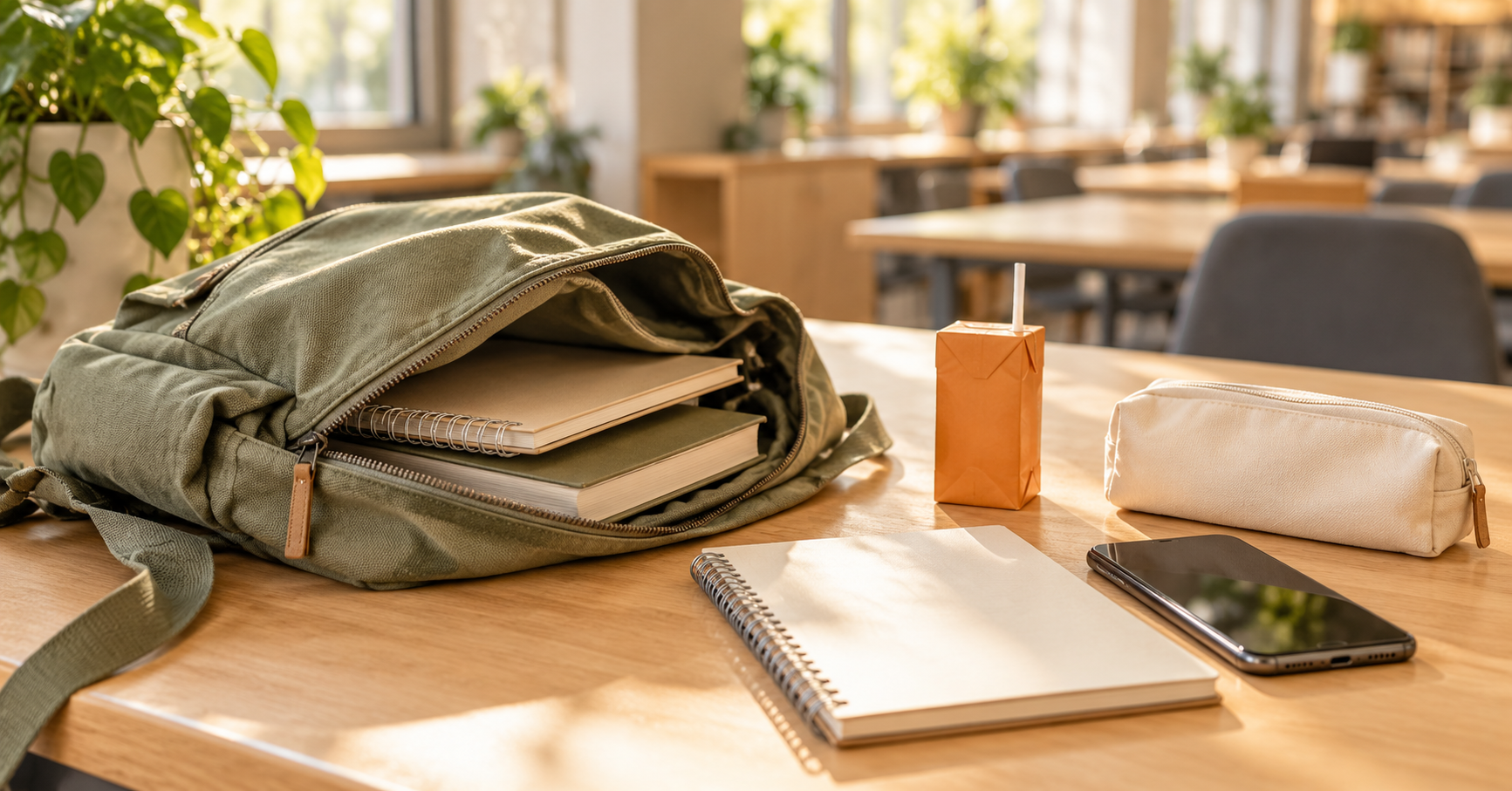 Sac à dos en toile posé sur un bureau en bois d'une salle d'étude universitaire, avec cahiers, téléphone et boîte de jus