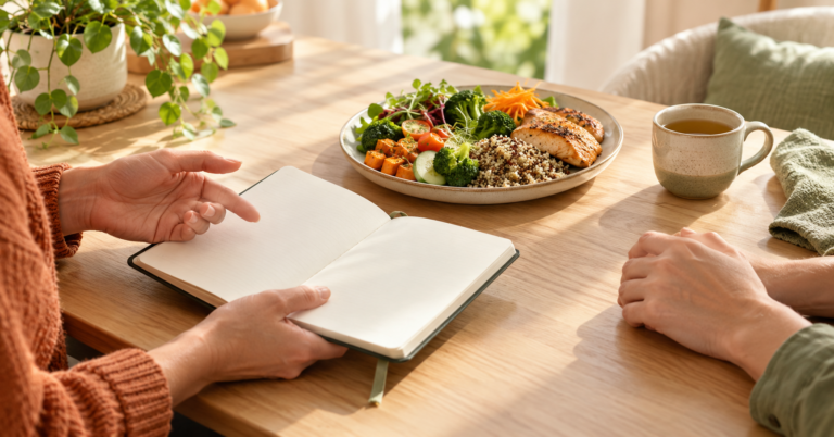 Deux paires de mains autour d'une table en bois : carnet alimentaire, assiette équilibrée et tasse de thé